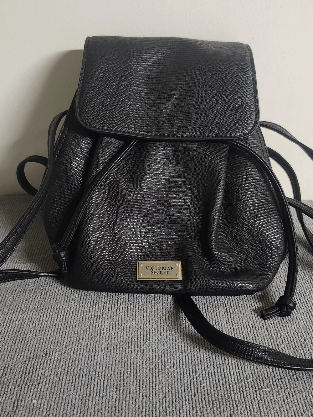 Victoria's Secret Black Textured Mini Backpack with Gold Logo Plate
